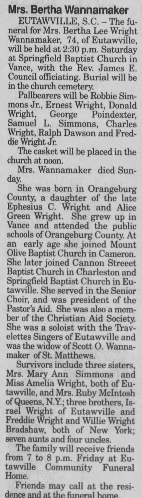 Obituary for Bertha Lee Wright Wannamaker (Aged 74)